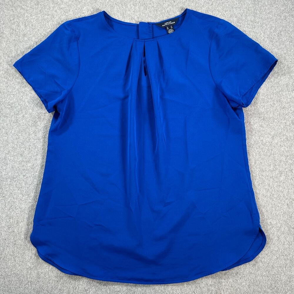 Lands' End Outfitter Blue Keyhole Blouse Women's 12 Short Sleeve Zipper Back